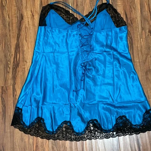 Frederick's of Hollywood Blue Satin Chemise with Black Lace Nightie - Picture 2 of 6